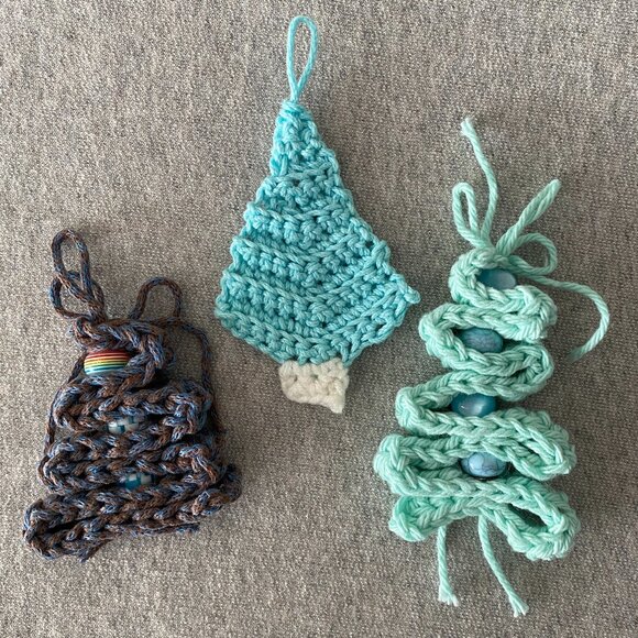 Handmade Crochet Blue Brown Holiday Christmas Tree Hanging Decorations Set of 3 - Picture 2 of 6
